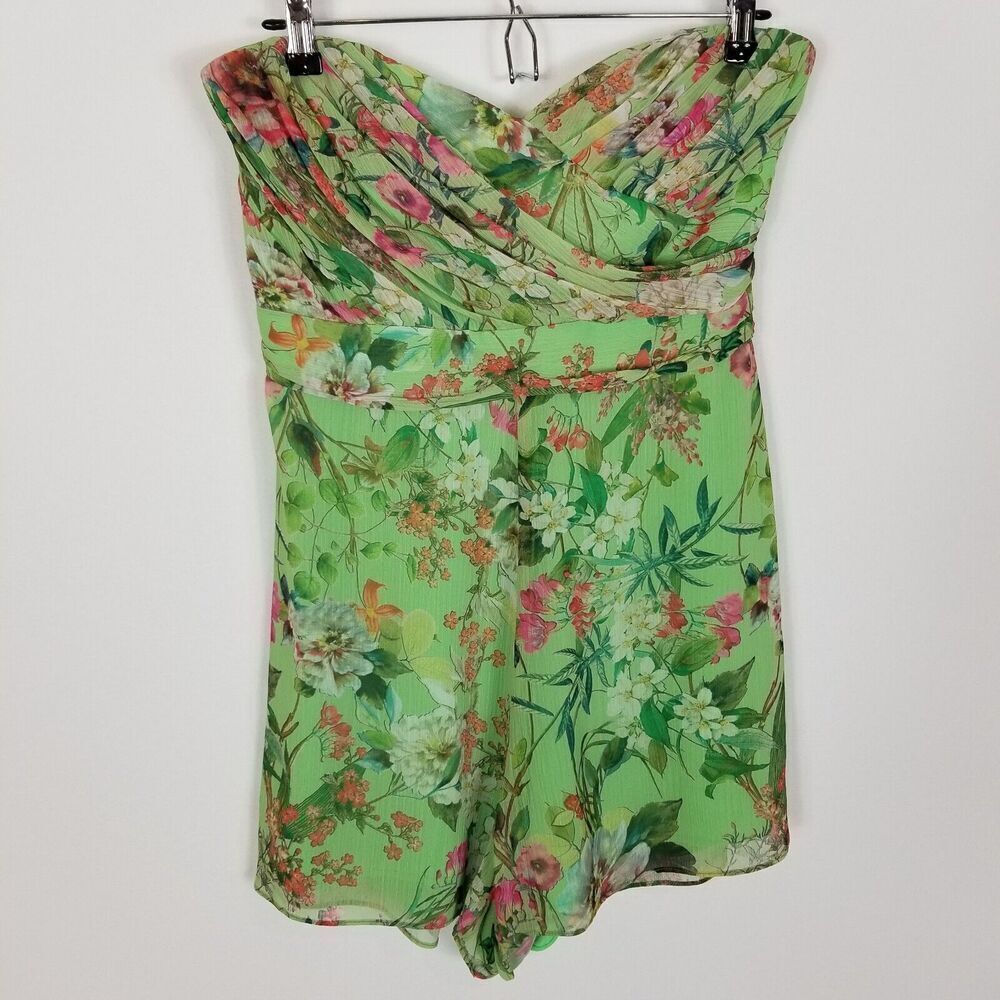 Jay Godfrey Women Floral Romper Size 6 Green Strapless Summer